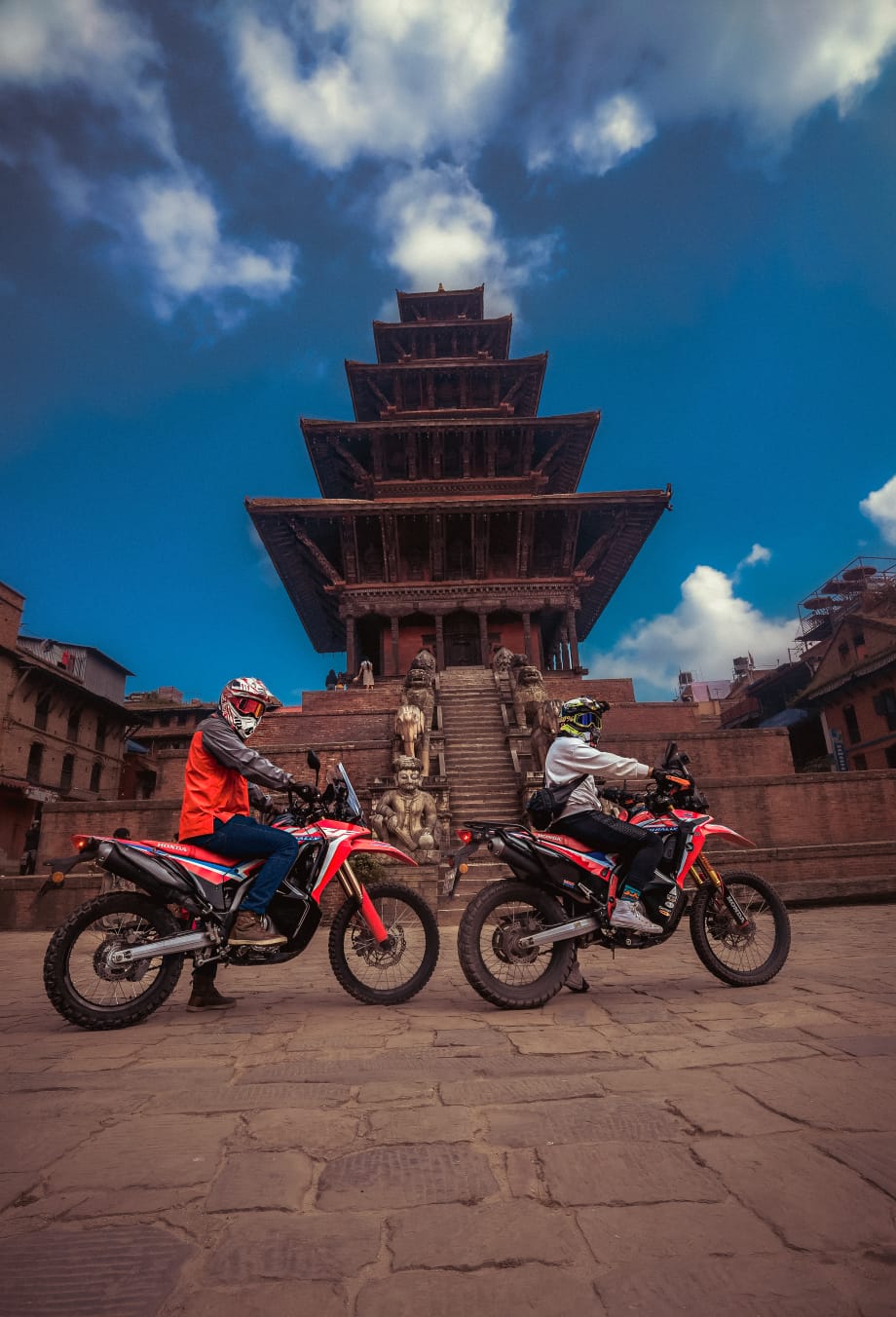 Riders parked before the Nyatapola temple in Bhaktapur